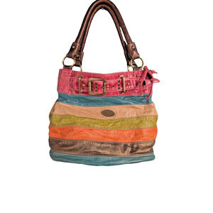 J & E New York Handbag Multi-Colored Stripes Soft Leather Metallic Handle